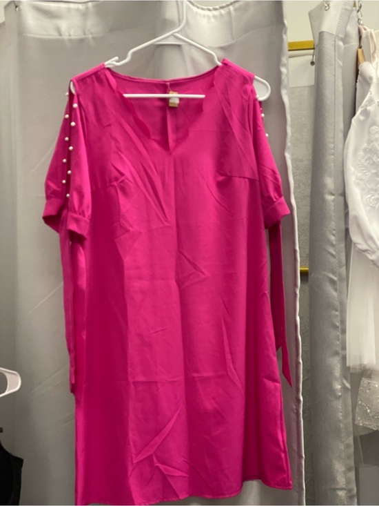 The Unbranded Brand Dresses & Skirts - Hot Pink Cold-Shoulder Shift Dress with Pearl Accents